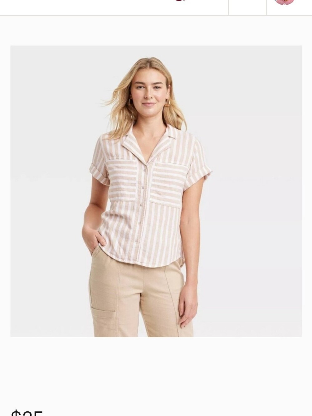 Universal Thread Tan and White Striped Button-Down Linen Blend Shirt